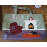 Radley: A leather handbag, predominantly green and purple leather,
