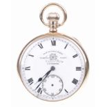 A 9ct gold keyless wind pocket watch The white enamel dial with black Roman numerals signed Thos