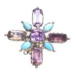 A Georgian topaz and turquoise brooch The cross set to the centre with foil-backed pink topaz with