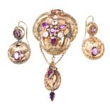 A Victorian Etruscan revival gem-set brooch and ear pendant suite The brooch set with vari-shaped