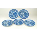 Five 19th Century Pearlware blue and white plates Each decorated with a variation of the Willow