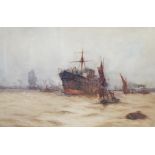 Frank Henry Mason (British, 1875-1965) - 'Steam and Sailing Ships on The Thames' Watercolour,