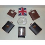 Five brand new leather bound stainless steel liquor flasks One with the Union Jack emblem,