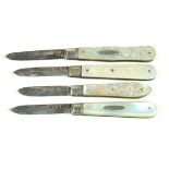 Four hallmarked silver and mother of pearl fruit knifes Three examples having carved floral