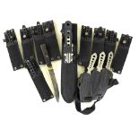 A collection of sixteen throwing knives Some with single scabbards, double and triple scabbards,