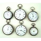 Six hallmarked silver and 800 grade ladies pocket watches Five examples with Roman numerals and one