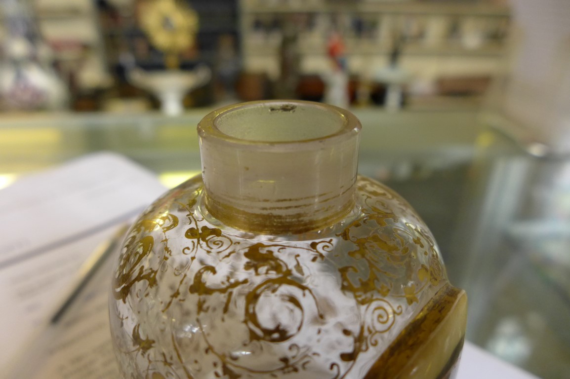 A 19th Century Bohemian perfume bottle and stopper The clear glass body having gilt scrolls with a - Image 6 of 8