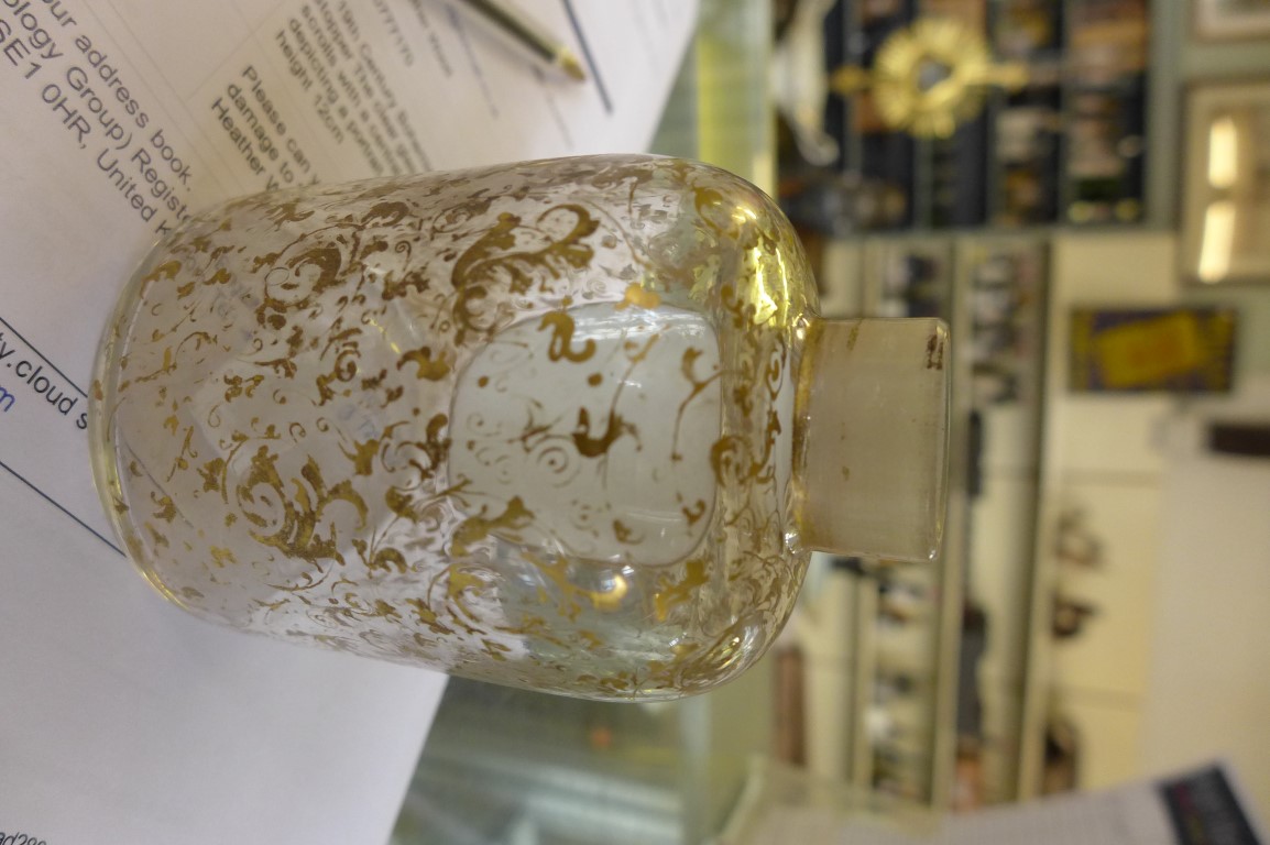 A 19th Century Bohemian perfume bottle and stopper The clear glass body having gilt scrolls with a - Image 5 of 8