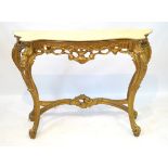 An ornate Georgian revival gilt gesso finished carved wood console table with marble top,