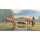 Kathleen Margaret Pearson (1898-1961) - 'Wild Horses Watering' Oil on canvas, signed,