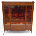 A fine quality elegant Sheraton revival marquetry inlaid mahogany breakfront display cabinet,