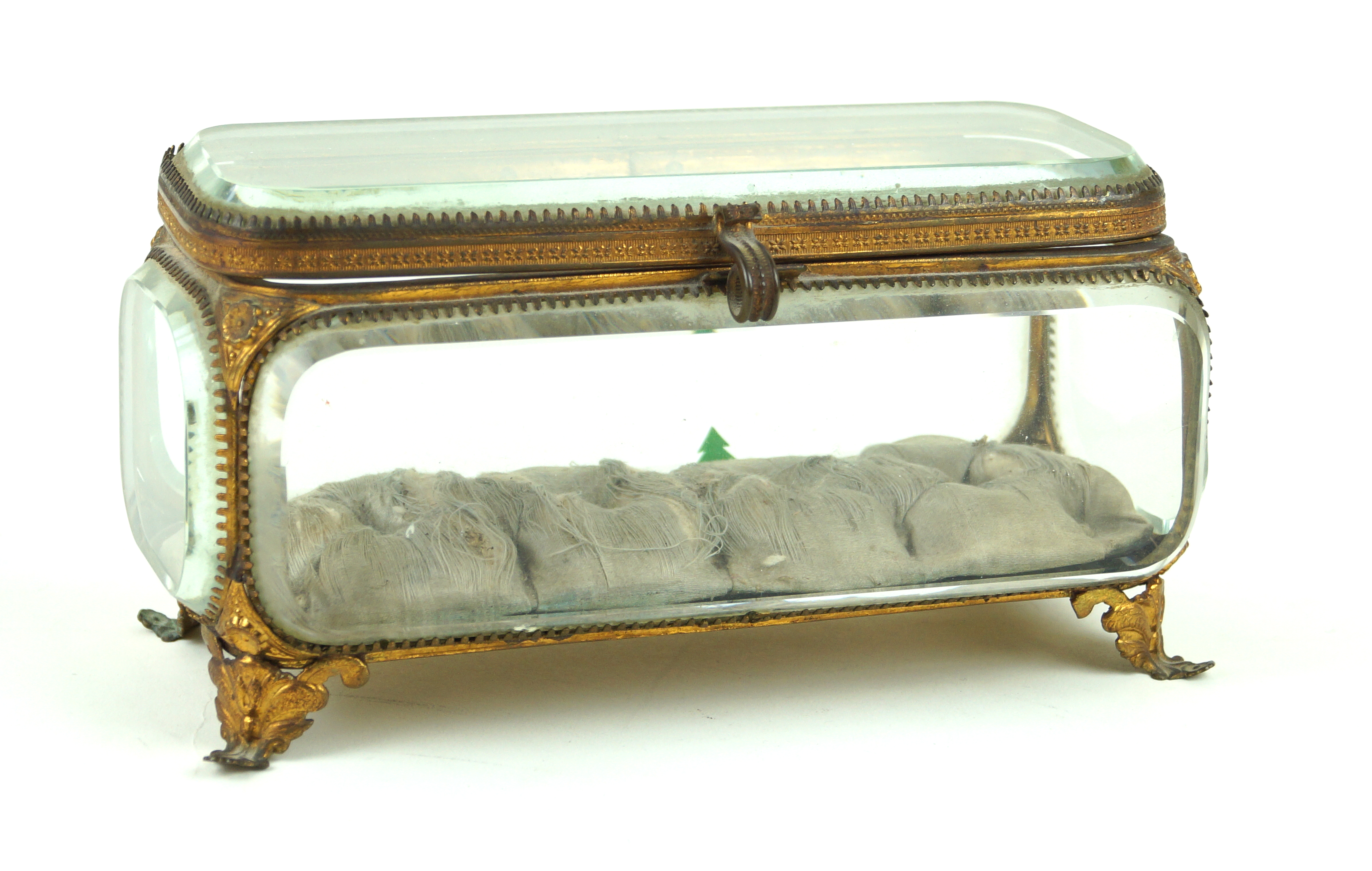 A Victorian gilt metal and glass jewellery casket Having five glass panels,