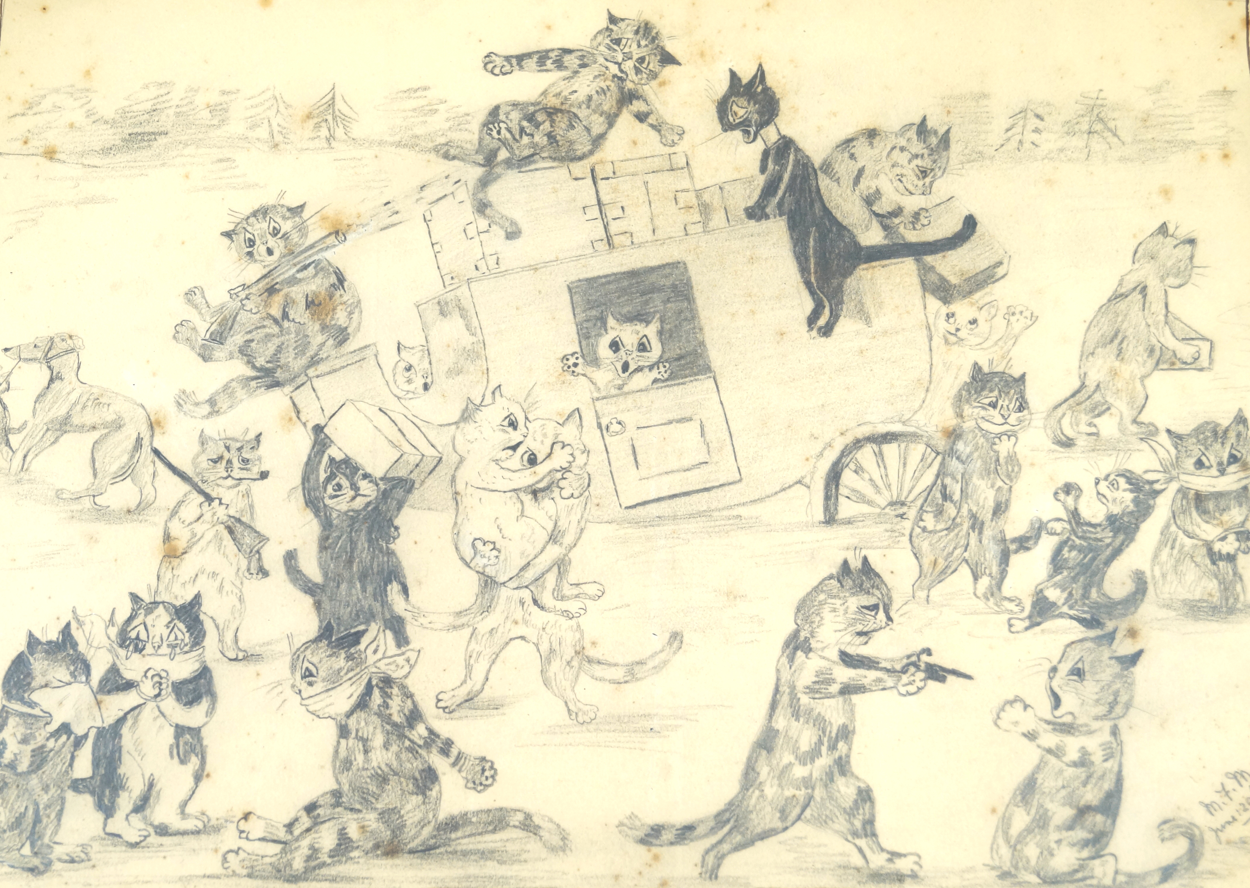 After Louis Wain (British, 1860-1939) - 'Cats robbing a stage coach' Pencil drawing,