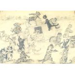 After Louis Wain (British, 1860-1939) - 'Cats robbing a stage coach' Pencil drawing,