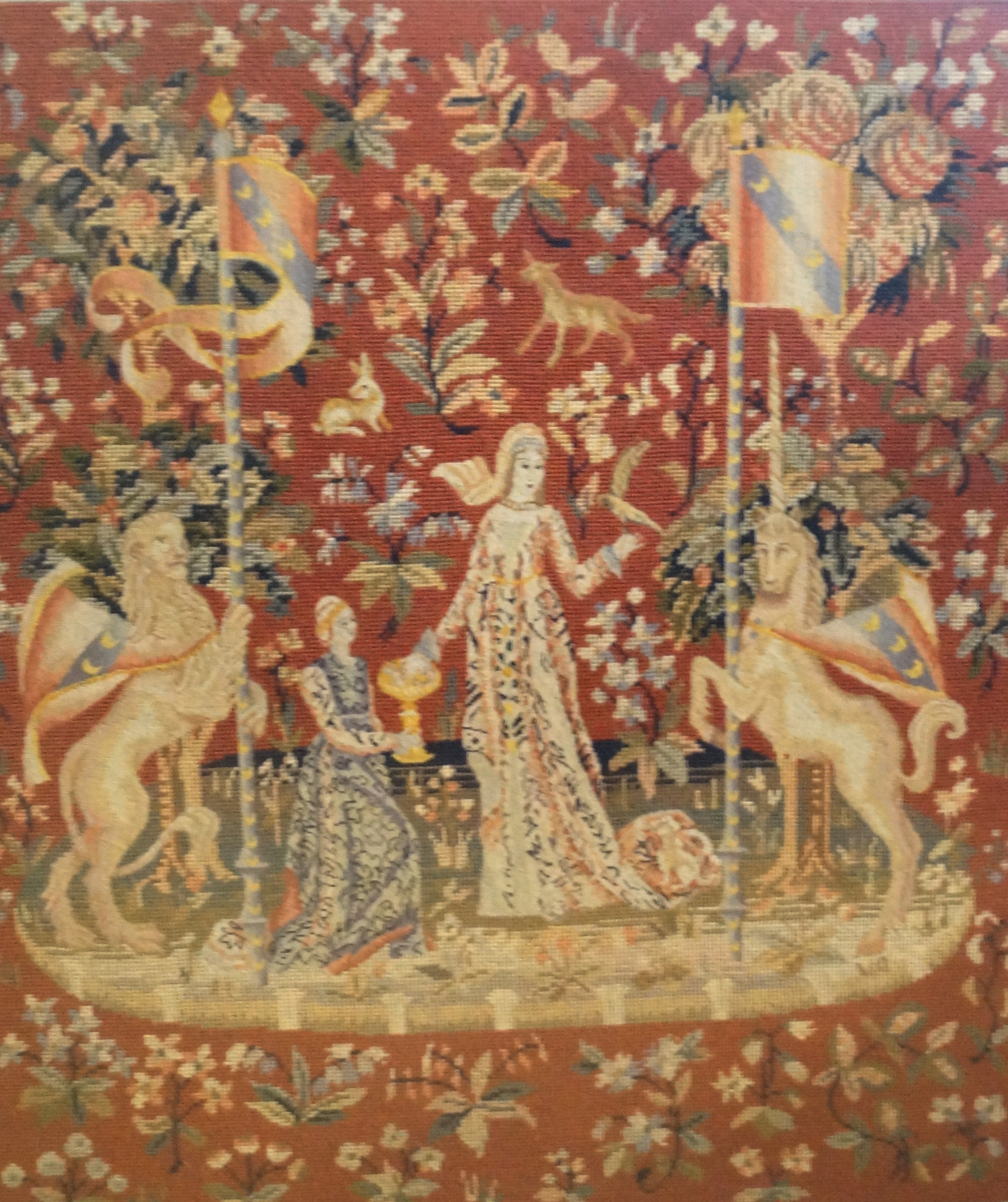 A large and impressive tapestry panel Depicting 'The lady and unicorn' probably 19th Century,