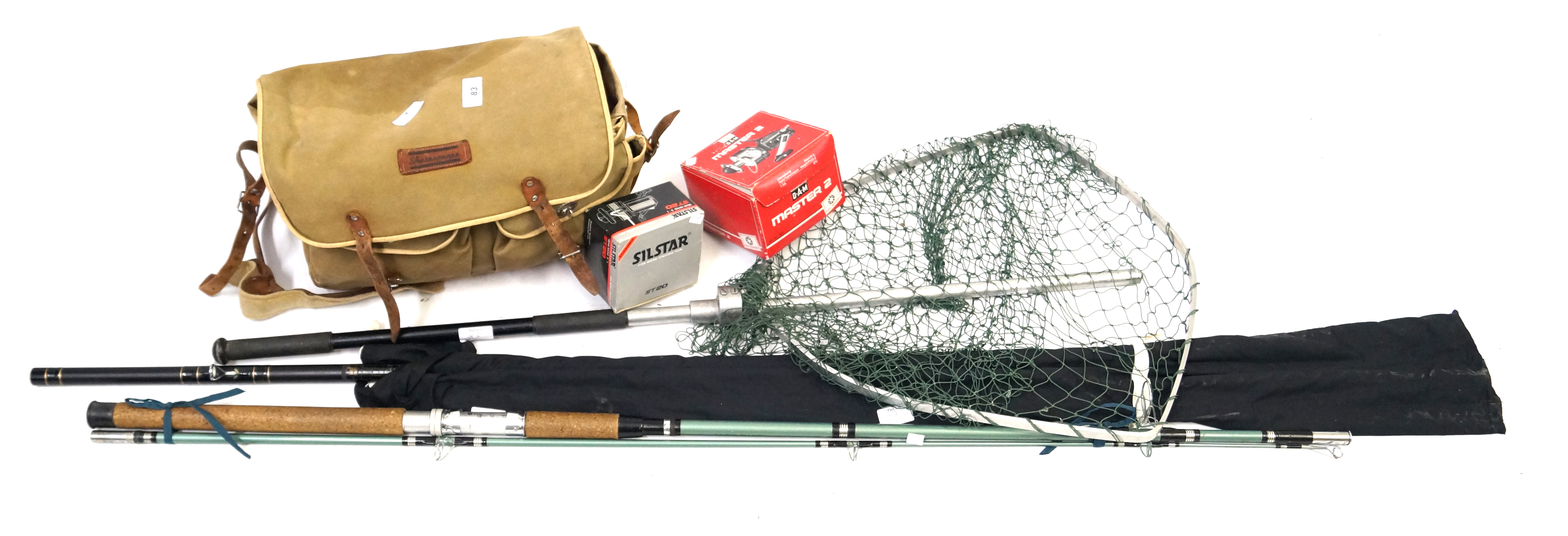 A collection of fishing tackle To include synthetic three piece 12 foot coarse rod,