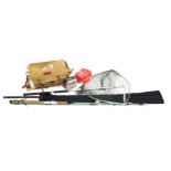 A collection of fishing tackle To include synthetic three piece 12 foot coarse rod,