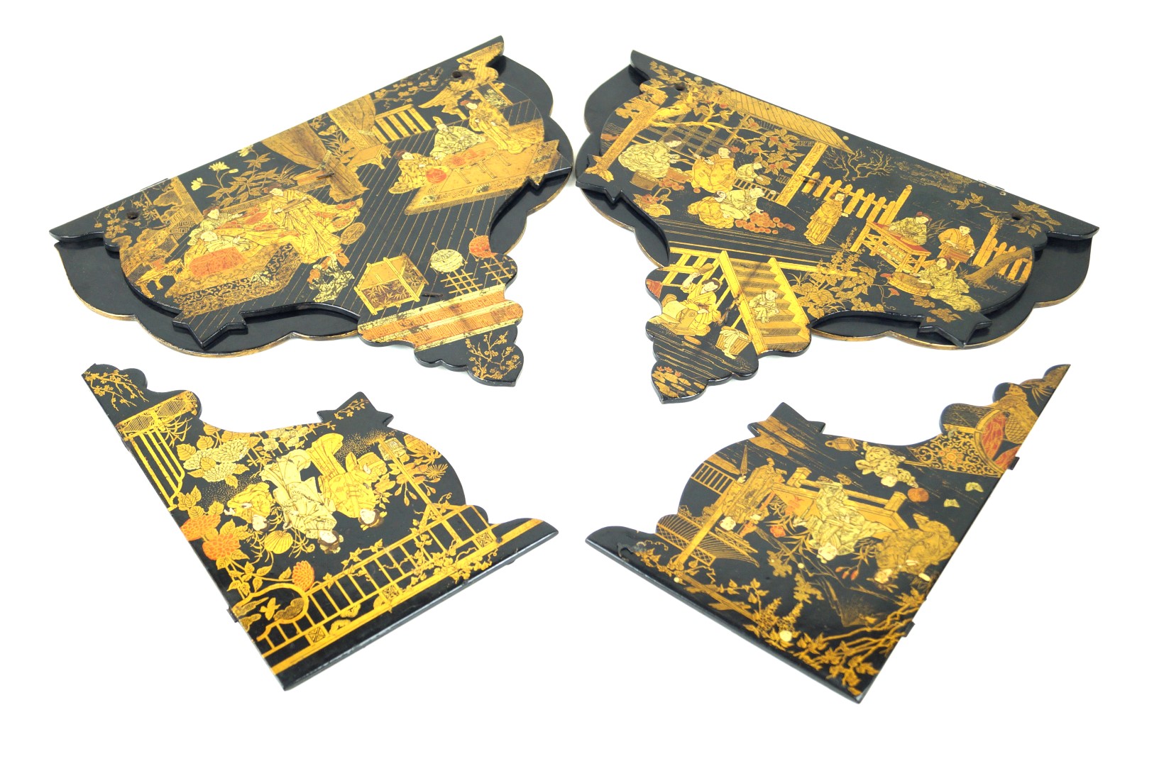 Two Victorian papier mache wall brackets Each having gilt and painted chinoiserie decoration,