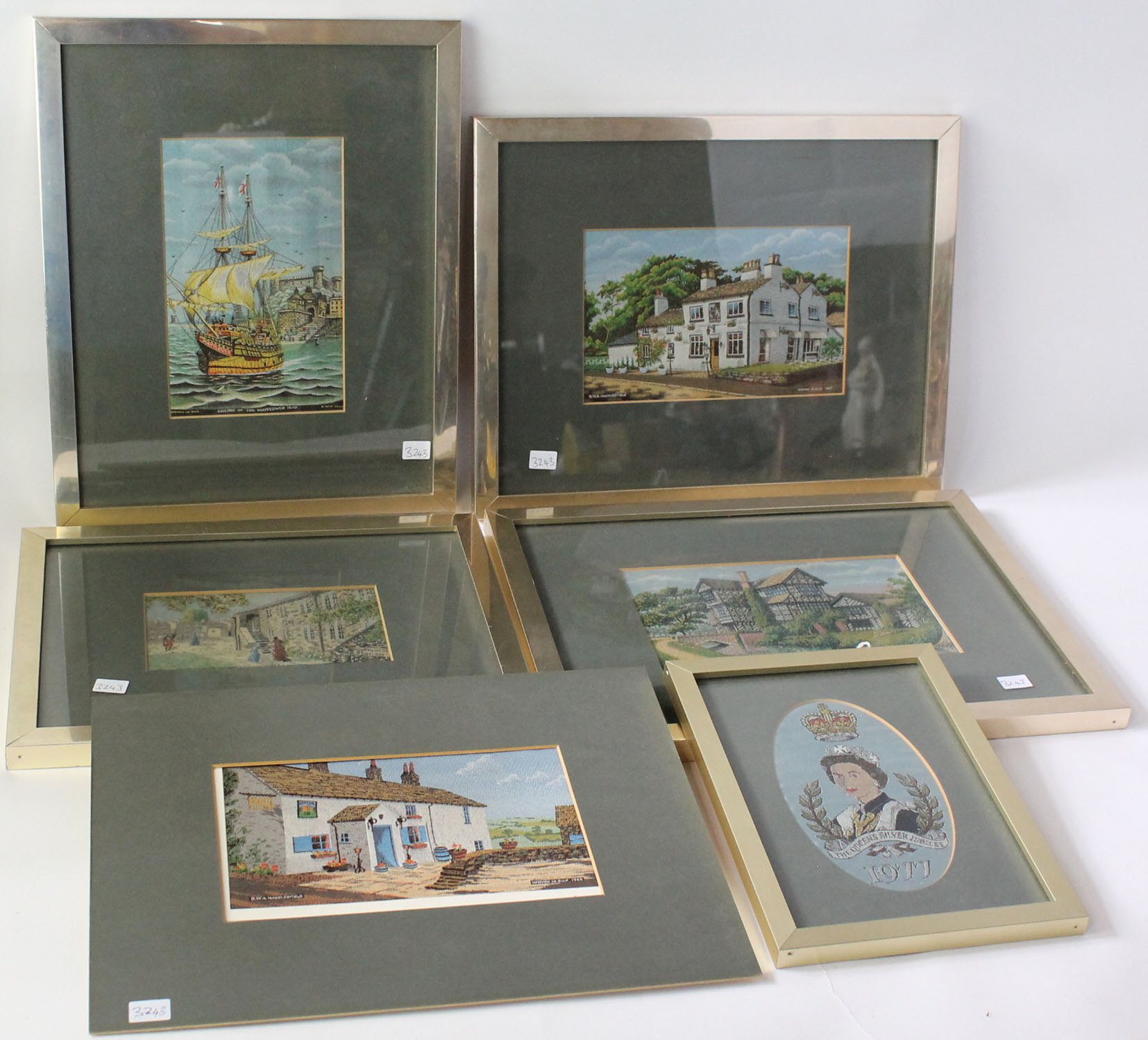 Collection of six Macclesfield silk pictures To include five framed and glazed examples to include