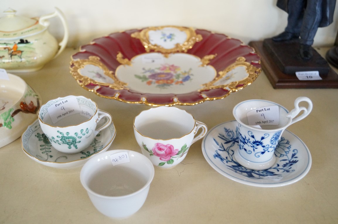 Seven pieces of Meissen porcelain to include a hand painted plate having floral decoration,