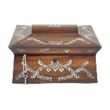 A Victorian mother of pearl inlaid rosewood sewing box The hinged cover lifts to reveal storage