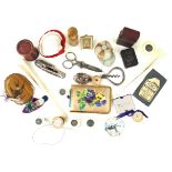A collection of assorted sewing related and further items To include pin cushion in the form of a