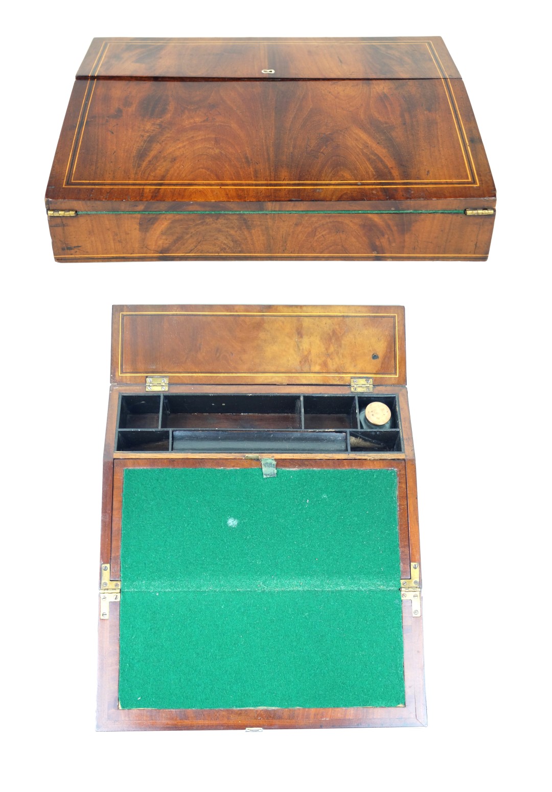 A late Georgian inlaid mahogany writing slope The hinged cover lifts to reveal replacement felt,