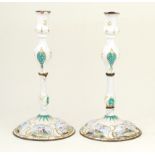 A pair of 18th Century Bilston enamel candlesticks Each decorated with animals in landscape scenes,