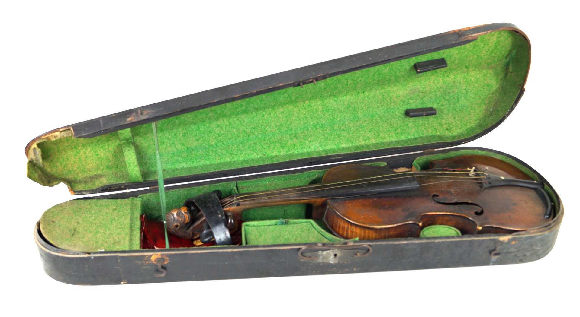 A 19th/20th Century violin by Duke With carved lion head scroll and two piece back,