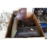 A mixed lot of assorted items to include powder flask, leather gun holster,