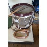 A vintage military snare drum, a copper and brass bugle also a modern brass masthead lamp.