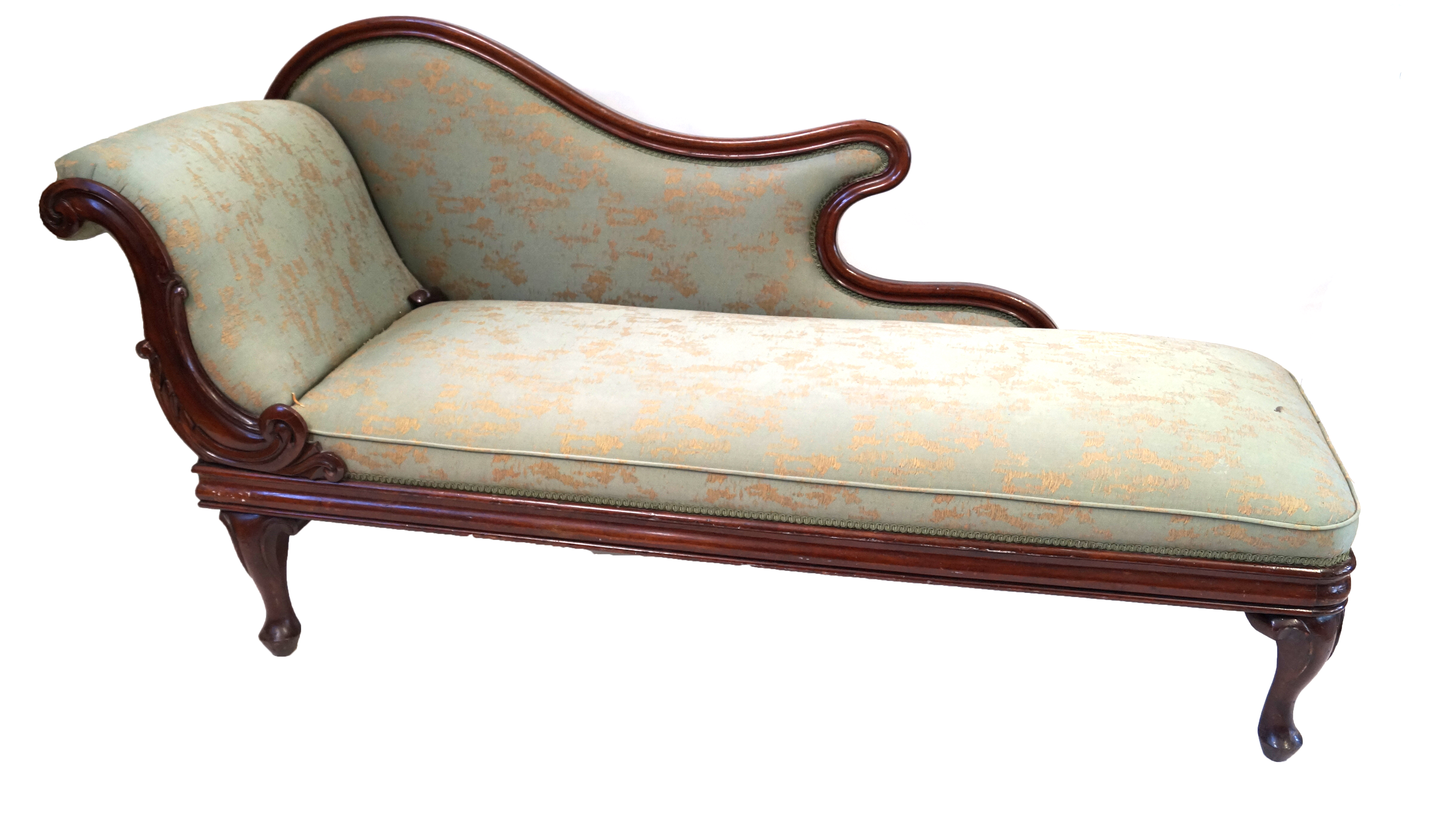 A Victorian mahogany show wood framed chaise-longue The ornate scrolling form reupholstered in a