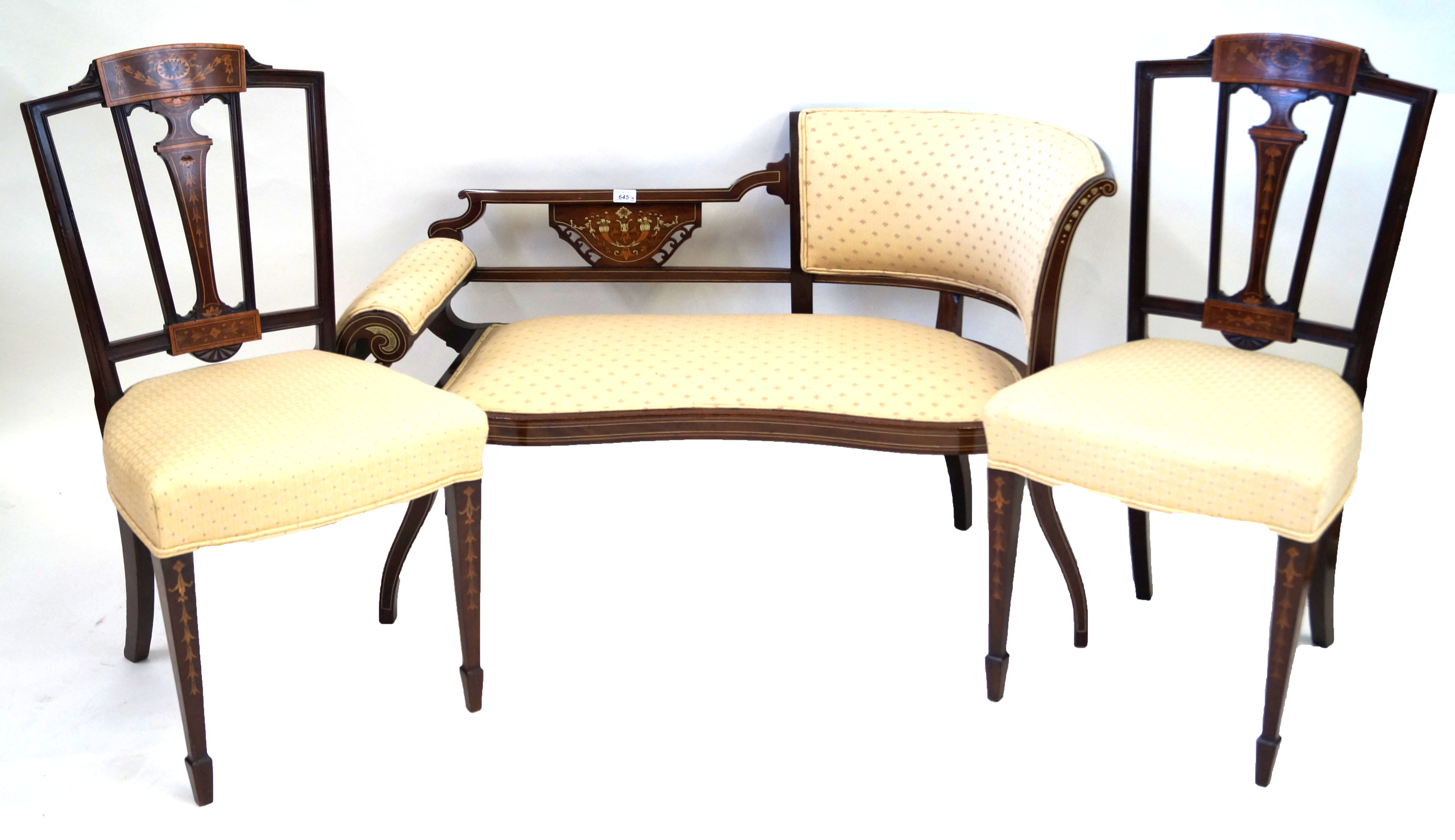 An elegant Edwardian 'Sheraton Revival' marquetry inlaid two seater sofa,