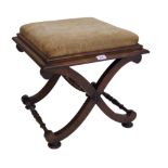 A Victorian rosewood X shaped dressing stool The later upholstered foliate stamped moquette covered