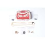 A beaded bag Together with, a cultured pearl double necklace, a marcasite brooch,
