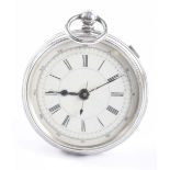 A silver chronograph keywind open face presentation pocket watch The white dial,