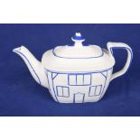 An 18th Century blue and white porcelain cottage teapot The rectangular simulated thatched lid with