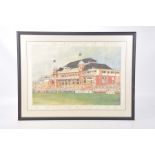 A coloured print of the Lancashire County Cricket Ground dated 1994 Depicting the stand with crowd,