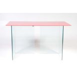 A contemporary glass side table or console table The rectangular red glass top supported on two L