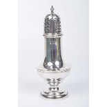 A silver sugar caster Of conventional baluster form, with a pierced pull off lid,