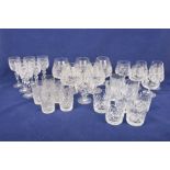 A tray of cut glass ware To include brandy balloons, crystal whisky tumblers, sherry glasses etc.