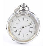 A silver chronograph keywind open face pocket watch The white dial, with black Roman numerals,