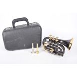 A cased pocket cornet By Jupiter along with two extra mouthpieces to a plastic folding case.