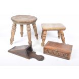 A late 19th early 20th Century elm stool and a second stool The elm stool with a circular top