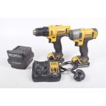 Two DeWalt rechargeable drills, model No: 10.8v/xrli/ion complete with batteries and charger.