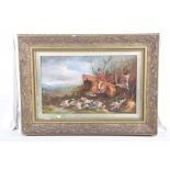 Hunting scene, early 20th Century Oil on canvas, huntsmen and hounds emerging out of a wood,