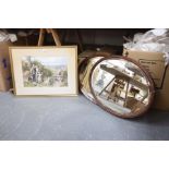 A coloured print and two oval mahogany framed wall mirrors The print depicting children picking