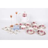 A Royal Albert Old English Rose six piece coffee set Comprising cups and saucers, coffee pot,