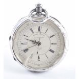 A silver chronograph keywind open face pocket watch The white dial, with black Roman numerals,