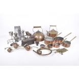 A collection of miscellaneous metal ware To include an unusual boat shaped and hinged flat iron,